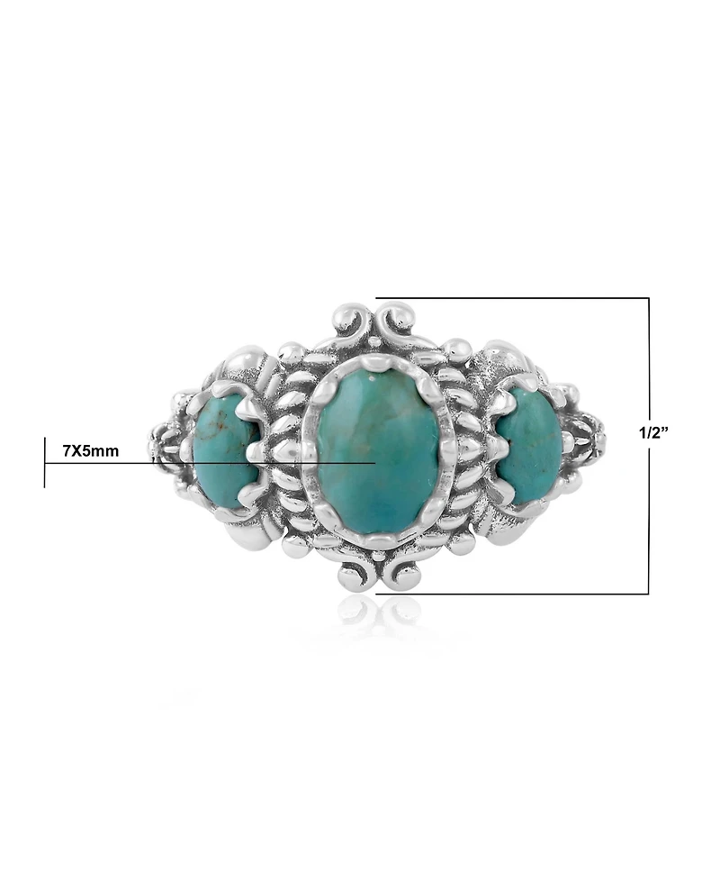 American West Jewelry Sterling Silver Green Turquoise 3-Stone Oval Scalloped Bezel Ring