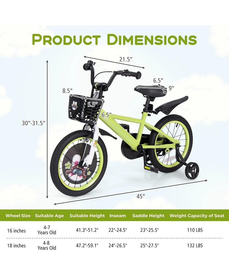 Sugift 16 Inch Kids Bike Adjustable with Detachable Training Wheels for 4-8 Years Old