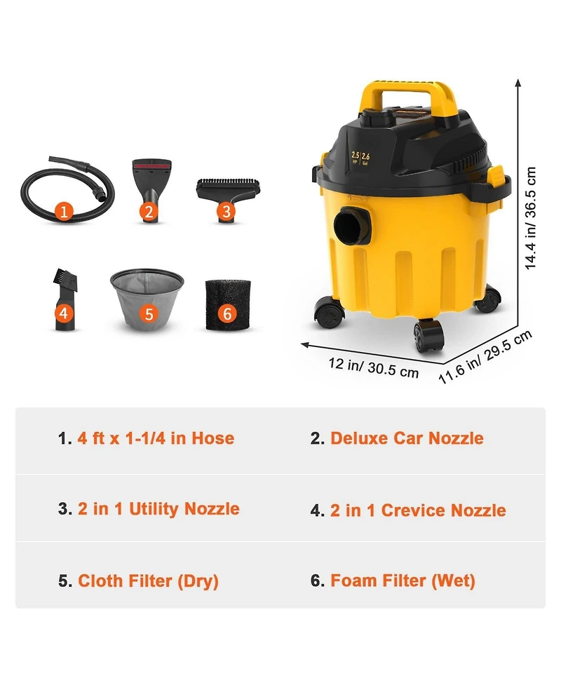 Ecooso Wet Dry Vac, 2.6 Gal 2.5 Peak Hp, 3-in-1 Portable Shop Vacuum with Blower & Attachment Storage, Ideal for Floor, Upholstery & Car Cleaning