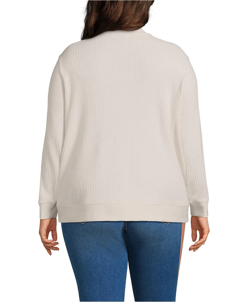Lands' End Plus Long Sleeve Waffle Colorblock Quarter Zip Pullover