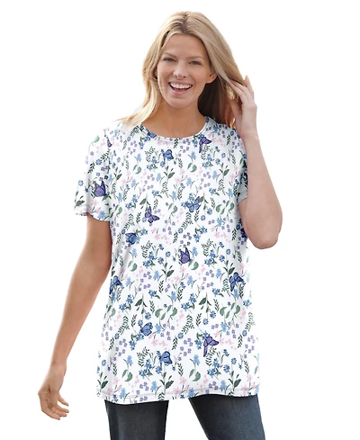 Woman Within Plus Perfect Printed Short-Sleeve Crewneck Tee