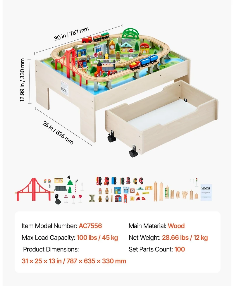 Mecale 3-in-1 Wooden Train Activity Table with 100 Pcs and Rolling Drawer