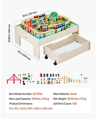 Mecale 3-in-1 Wooden Train Activity Table with 100 Pcs and Rolling Drawer