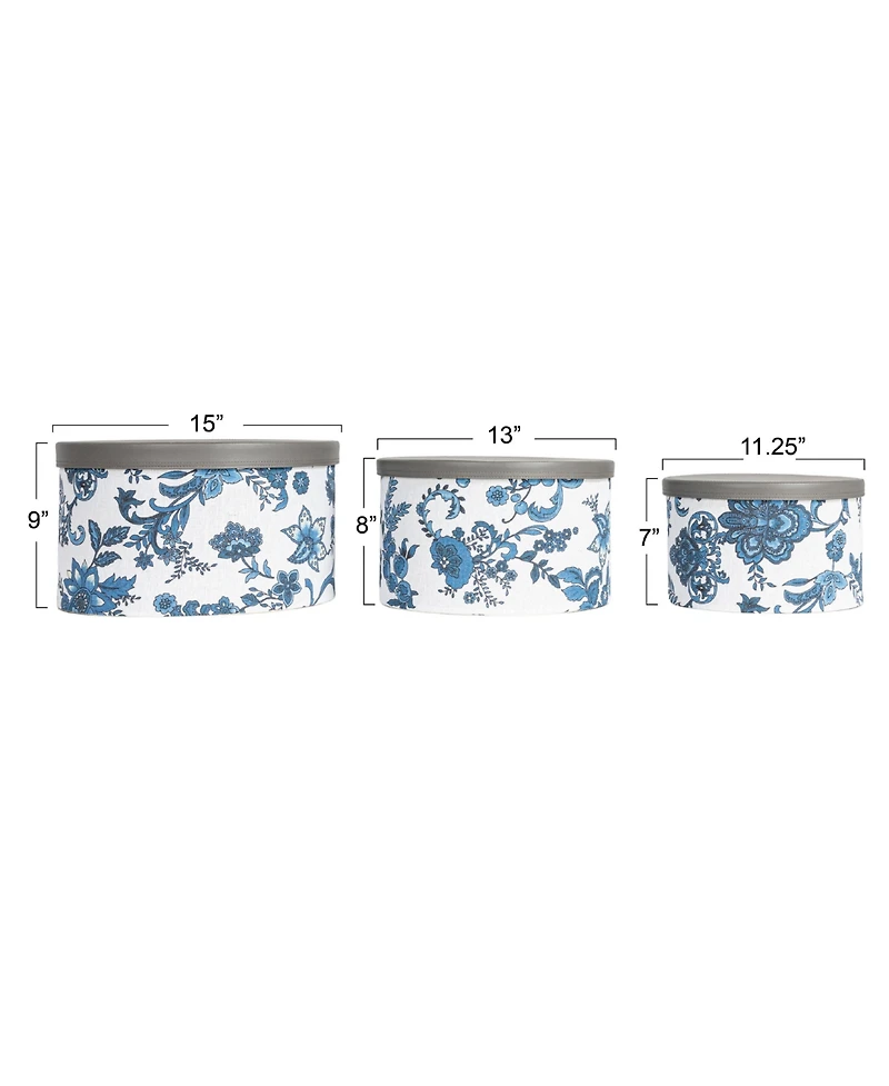 Household Essentials Floral Nestable Hat Boxes with Lids, Cream and Blue, Set of 3
