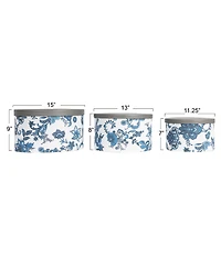 Household Essentials Floral Nestable Hat Boxes with Lids, Cream and Blue, Set of 3