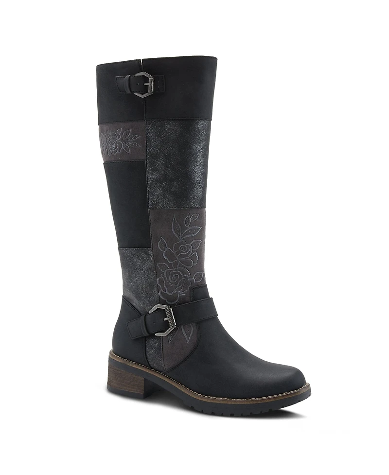 Patrizia Women s Collage Patchwork Knee-High Boots with Embroidery and Buckle Accents