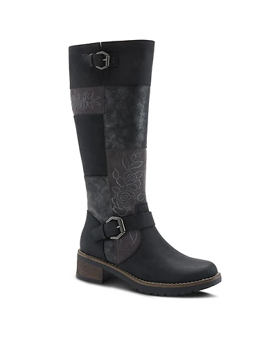 Patrizia Women s Collage Patchwork Knee-High Boots with Embroidery and Buckle Accents