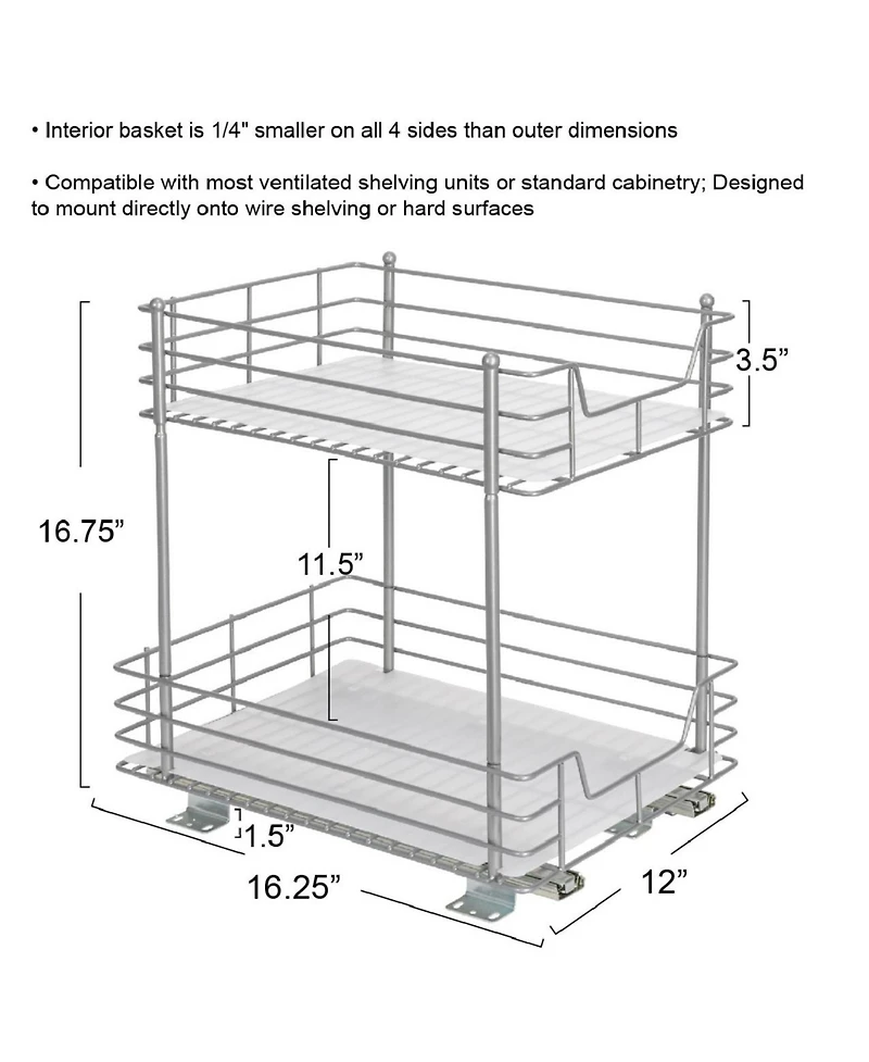 Household Essentials Glidez Steel Pull-Out Storage Organizer, 2-Tier Design, Brushed Silver