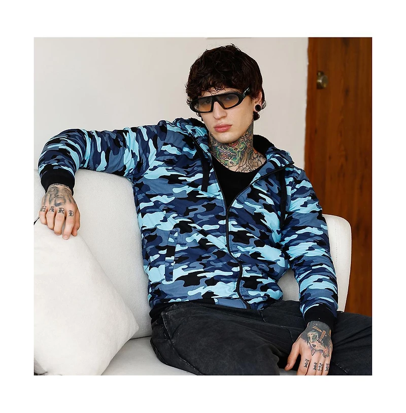 Campus Sutra Men's Navy Blue Camouflage Fleece-Lined Jacket