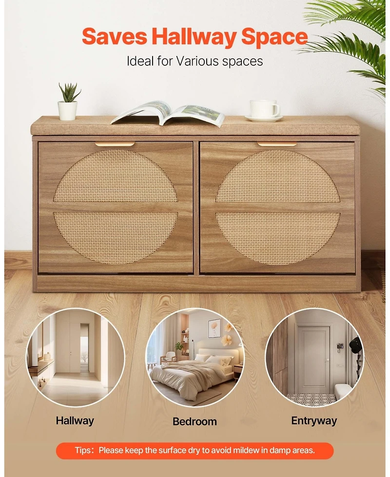 Slickblue Entryway Shoe Bench with Flip Drawer and Rattan-Style Rack