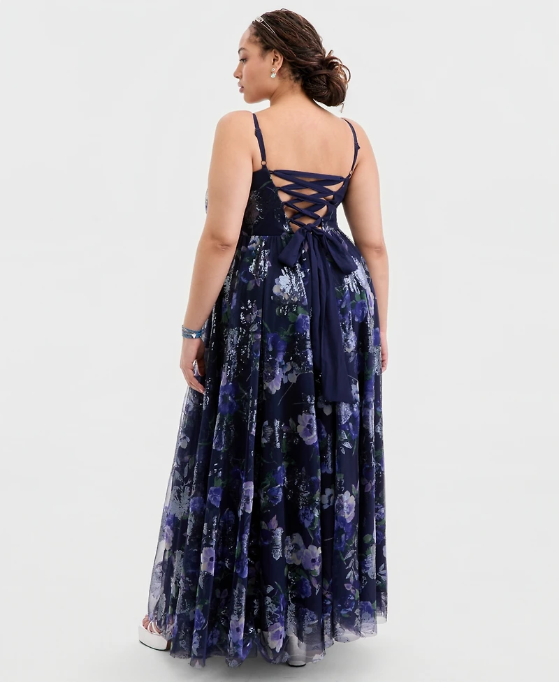 City Studios Trendy Plus Sequined Floral Ball Gown
