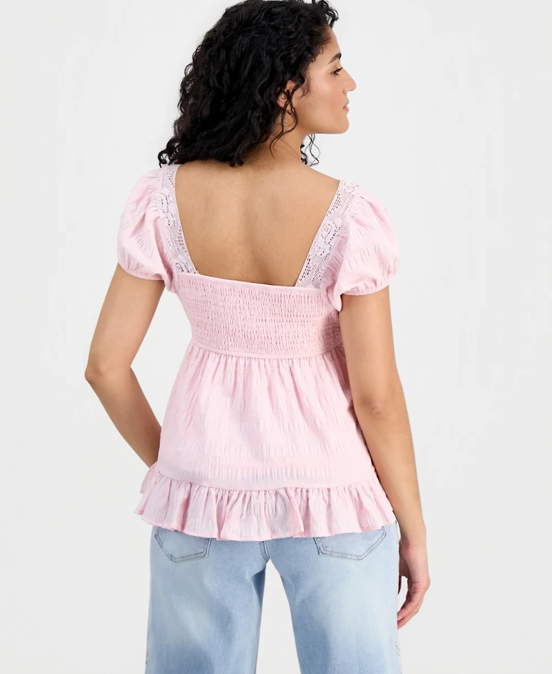 Ultra Flirt Juniors' Ribbon-Trim Puff-Sleeve Peasant Top
