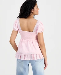 Ultra Flirt Juniors' Ribbon-Trim Puff-Sleeve Peasant Top