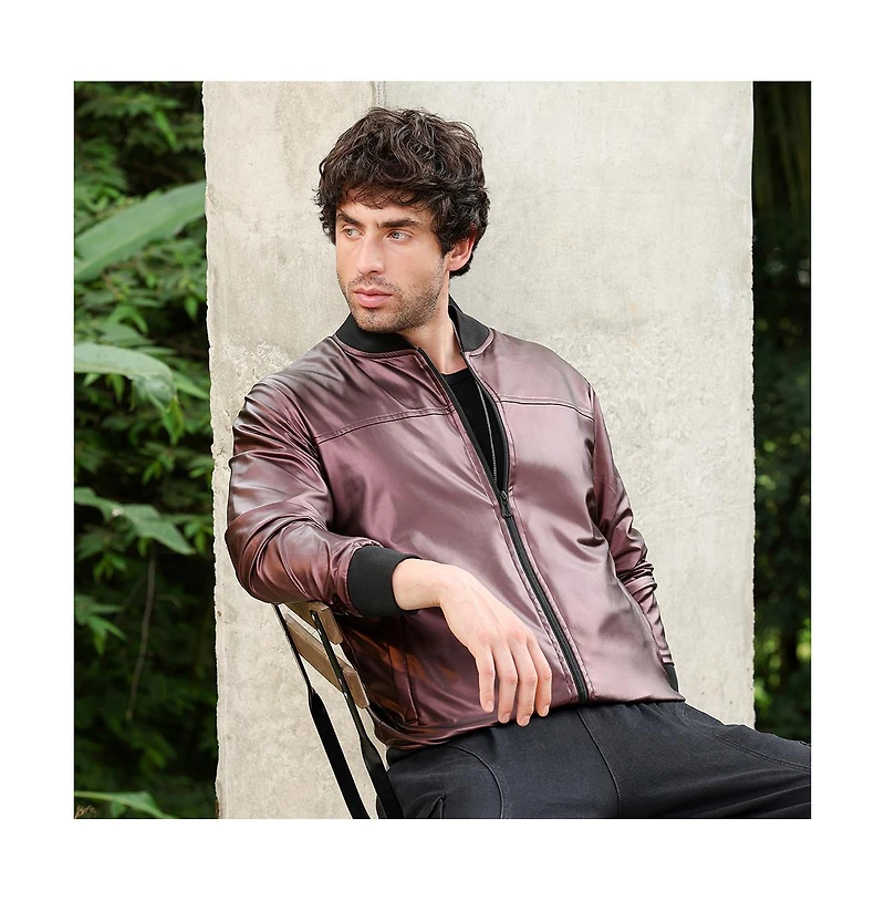 Campus Sutra Men's Chocolate Brown Patent-Panel Bomber Jacket