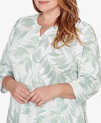 Alfred Dunner Plus St. Augustine Monotone Leaf Print Split Neck Top