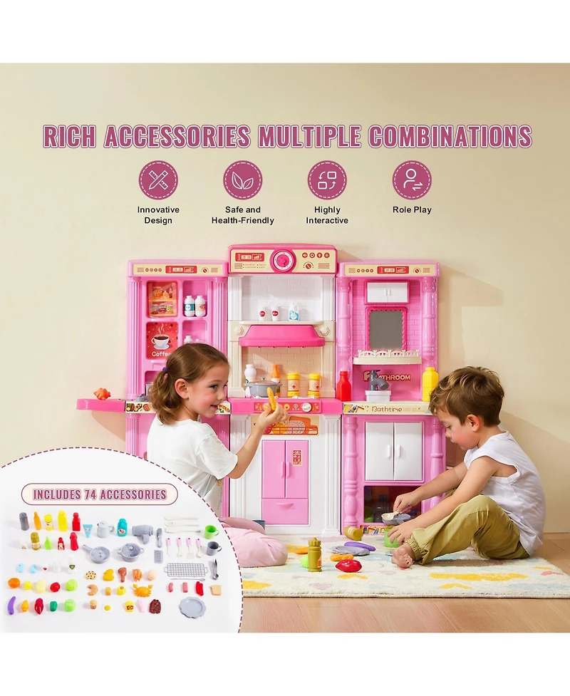 Mecale Kids Kitchen Playset, 3-in-1 Kitchen with Spray, Lights & Sounds, 74 Pcs Cooking Accessories, Pretend Play Set for Kids