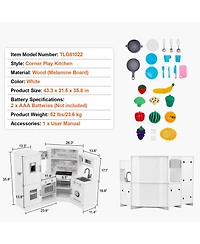 Mecale Corner Wooden Play Kitchen, Toy Set with Lights & Sounds, Ice Maker, Oven, Sink, Clock, Microwave, Fridge & Accessories