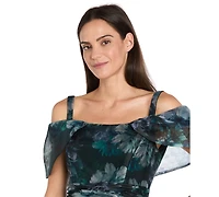 R & M Richards Women's Cold Shoulder Print Organza Capelet Band Dress