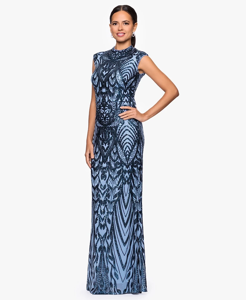 B&A By Betsy and Adam Petite Printed Mock Neck Gown
