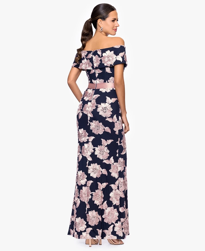 Betsy & Adam Petite Printed Off-The-Shoulder Gown