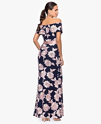 Betsy & Adam Petite Printed Off-The-Shoulder Gown