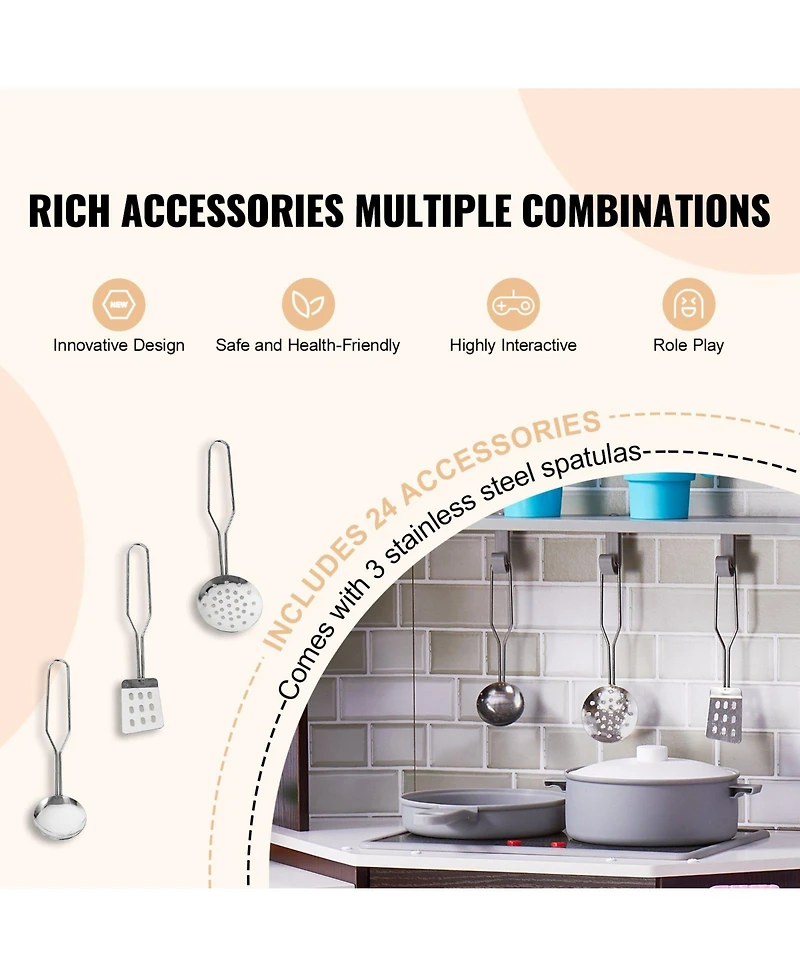 Mecale Corner Wooden Play Kitchen, Toy Set with Lights & Sounds, Ice Maker, Oven, Sink, Clock, Microwave, Fridge & Accessories