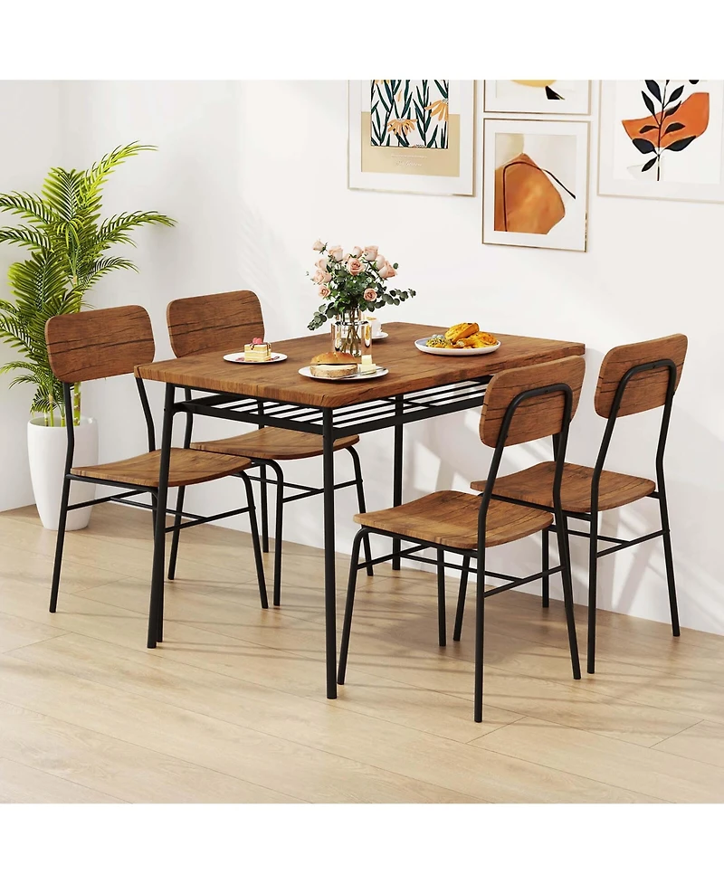 Costway 5 Pcs Wood Square Kitchen Table & Chair Set with Metal Frame Storage Rack