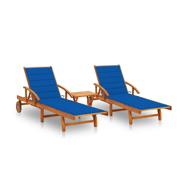 vidaXL 2 pcs with Table and Cushions Solid Wood Acacia Sun Loungers