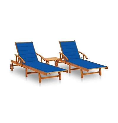 vidaXL 2 pcs with Table and Cushions Solid Wood Acacia Sun Loungers