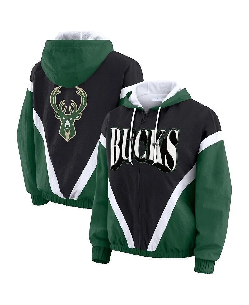 Wear by Erin Andrews Women's Black/Hunter Green Milwaukee Bucks Colorblock Full-Zip Hoodie Windbreaker Jacket