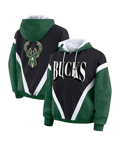 Wear by Erin Andrews Women's Black/Hunter Green Milwaukee Bucks Colorblock Full-Zip Hoodie Windbreaker Jacket