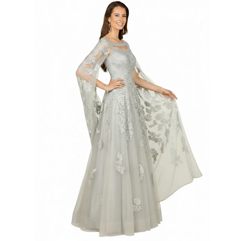 Lara Women's Lace gown with long cape sleeves