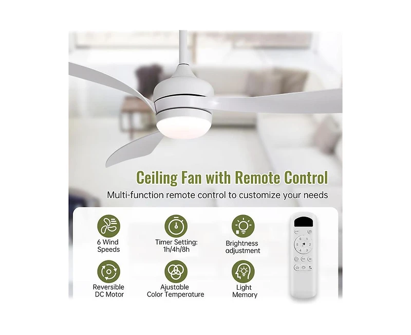 Sofucor 52-inch Modern White Ceiling Fan with Led Light and Remote Control Dc Motor