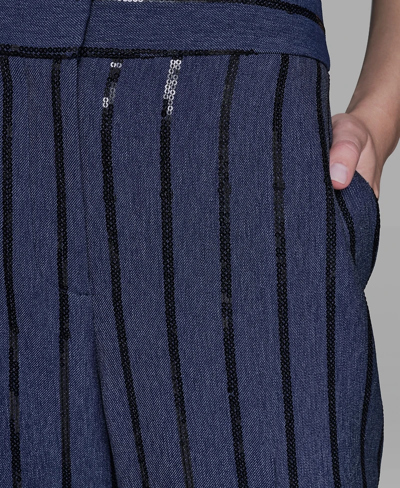 Karl Lagerfeld Paris Women's Mid Rise Striped Sequin Pants