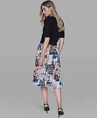 Karl Lagerfeld Paris Women's City Scene Print Pull-On Pleated Skirt