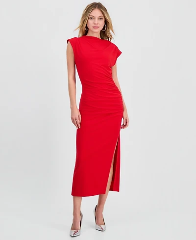 Robbie Bee Women's Ruched Side-Slit Midi Dress