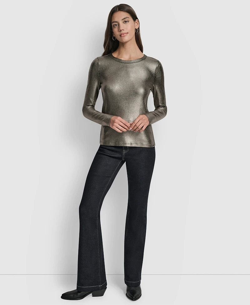Dkny Jeans Women's Foil Rib Crewneck Long Sleeves Top
