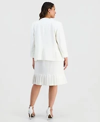 Kasper Plus Size Collarless Open Front Stretch Crepe Jacket V Neck Cascade Ruffle Front Blouse Pleat Trim Stretch Crepe Skirt