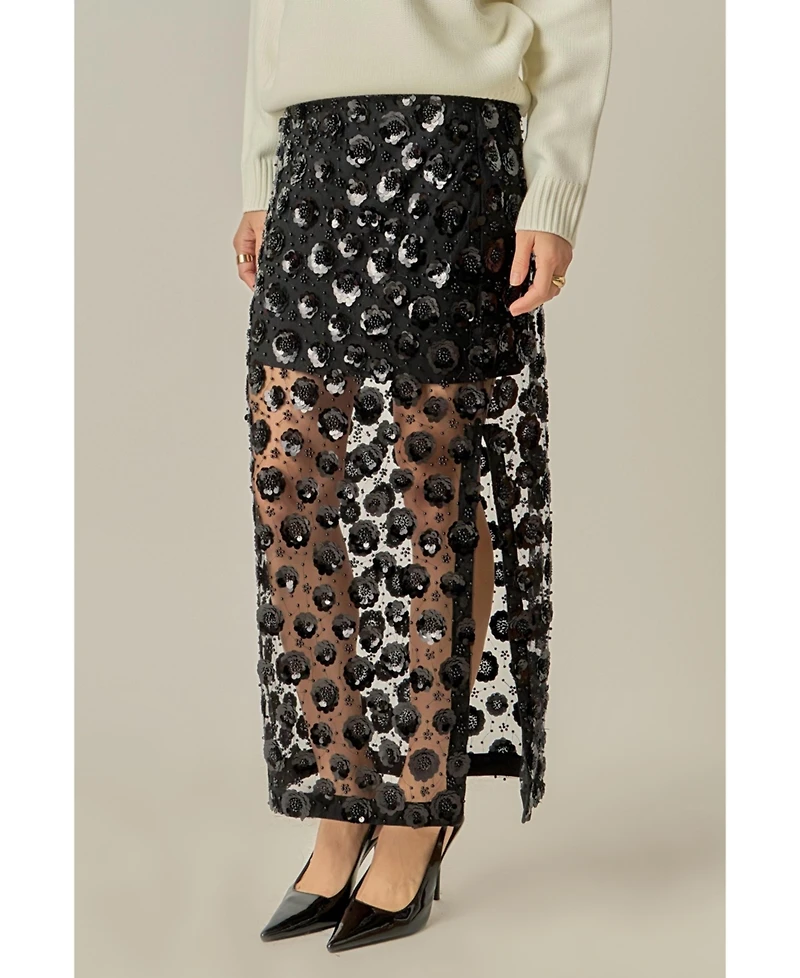 English Factory Women's Flower Sequin Sheer Midi Skirt