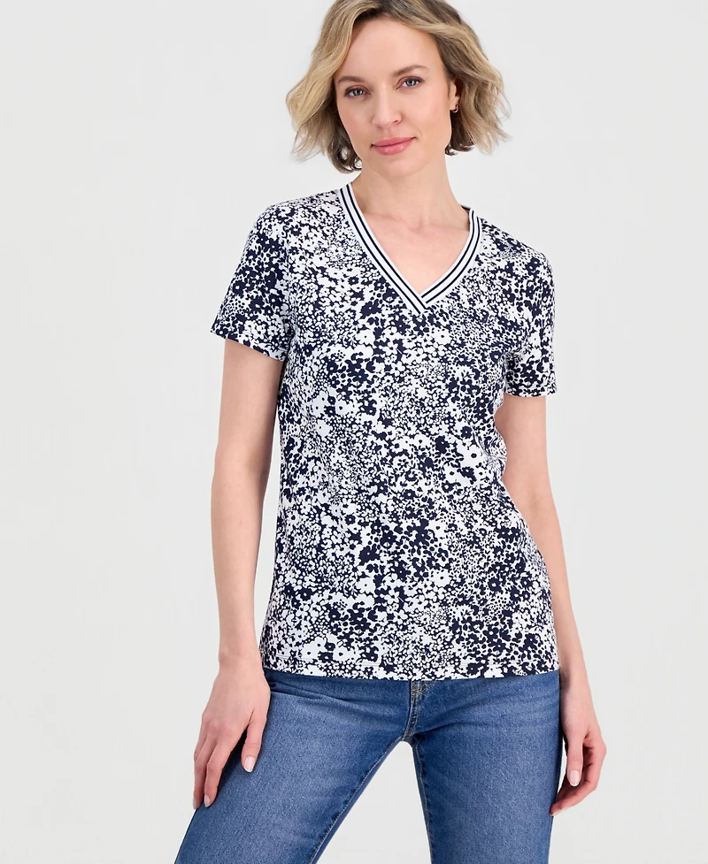 Nautica Women's Floral-Print Tipped T-Shirt