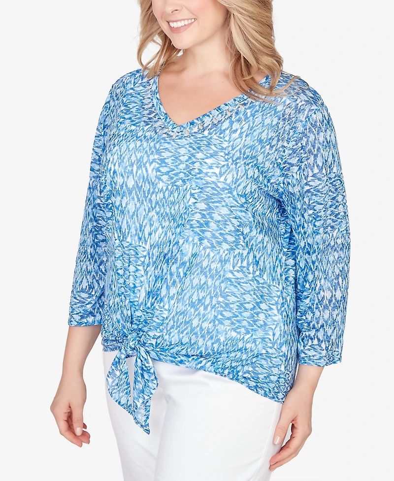 Hearts Of Palm Plus Printed Knit Burnout 3/4 Sleeve V-Neck Top