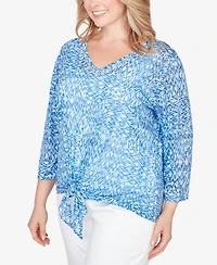 Hearts Of Palm Plus Printed Knit Burnout 3/4 Sleeve V-Neck Top