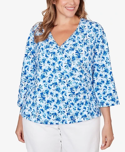 Hearts Of Palm Plus Printed Stretch Jersey 3/4 Sleeve Top