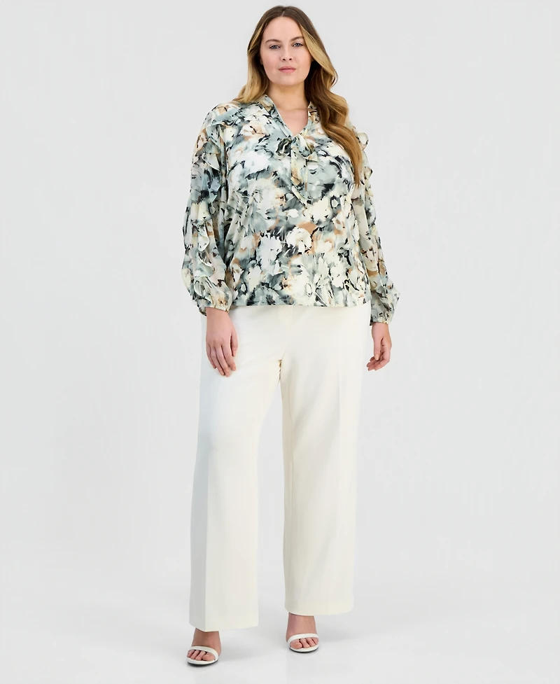 Anne Klein Plus Floral Ruffle-Sleeve Tie-Neck Blouse
