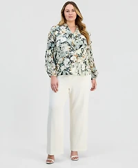 Anne Klein Plus Floral Ruffle-Sleeve Tie-Neck Blouse