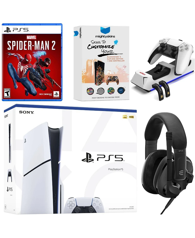 Sony PlayStation 5 Slim Disc Bundle with Spider-Man 2, Epos Headset, Charging Dock and MightySkins Code