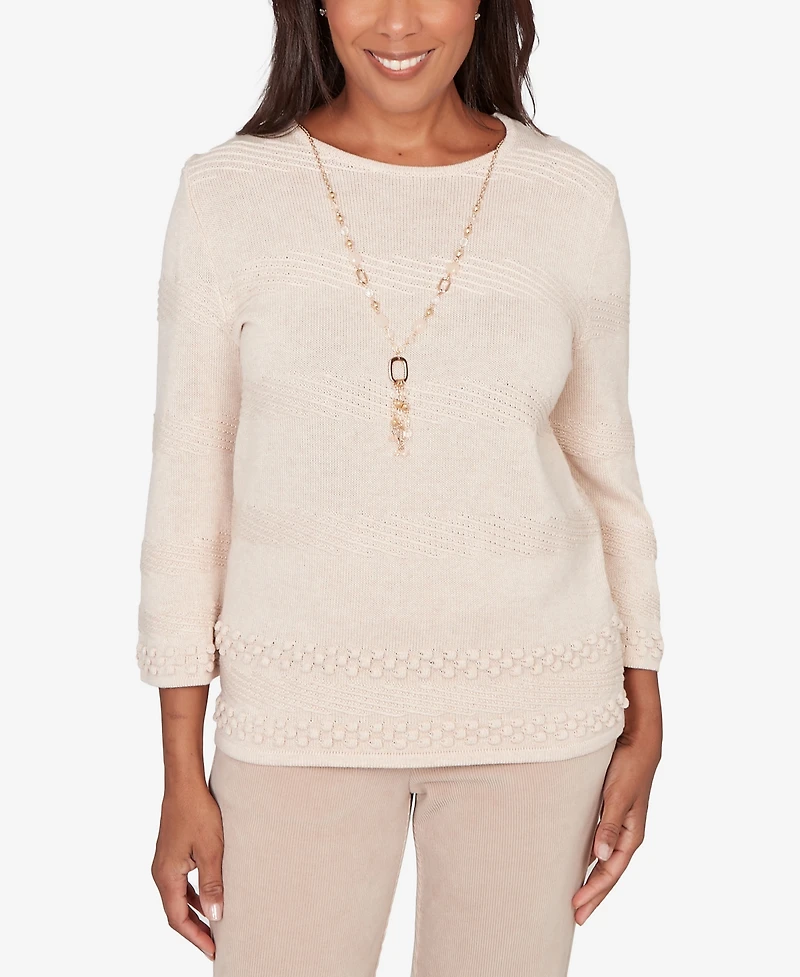Alfred Dunner Women's Saratoga Springs Textured Biadere Striped Sweater with Necklace