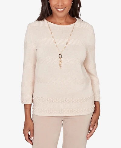 Alfred Dunner Women's Saratoga Springs Textured Biadere Striped Sweater with Necklace