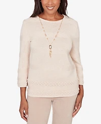 Alfred Dunner Women's Saratoga Springs Textured Biadere Striped Sweater with Necklace