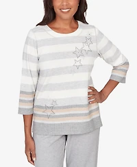 Alfred Dunner Women's Comfort & Joy Star Stripe Embellished Crew Neck Top